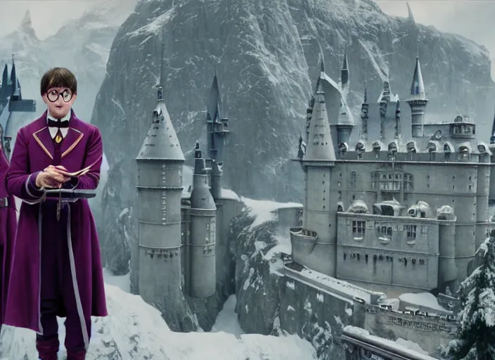 Prompt: a film still of cosplay of harry potter in the grand budapest hotel ( 2 0 1 4 ), 4 k