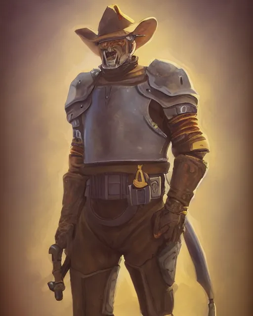 Image similar to a oil / watercolor painting full body character portrait of a sheriff / paladin in the style of moebius in the style of leonard boyarsky trending on artstation deviantart pinterest detailed photorealistic highlights and shadow hd 8 k post - processing high resolution