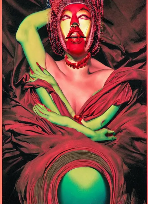 Image similar to an 8 0 s portrait of a woman with dark eye - shadow and red lips with dark slicked back hair, a mask made of wire and beads, dreaming acid - fueled hallucinations, psychedelic by serge lutens, rolf armstrong, delphin enjolras, peter elson, red cloth background, frilled blooming collar