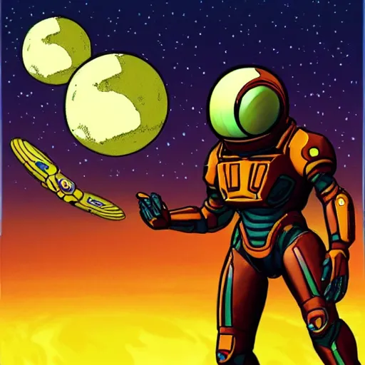 Image similar to Samus Aran walking on the moon