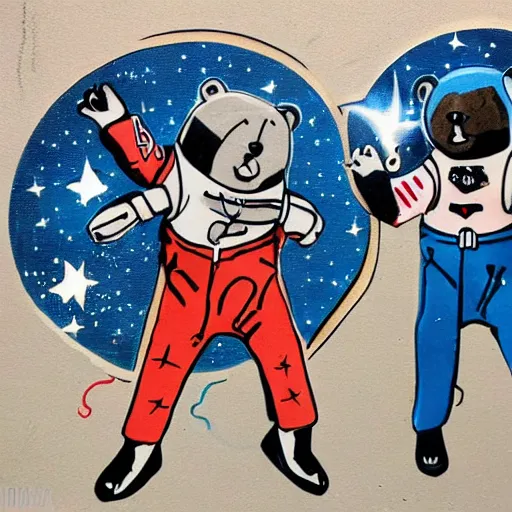 Image similar to space bears dancing to cannon in D, in the style of Banksy