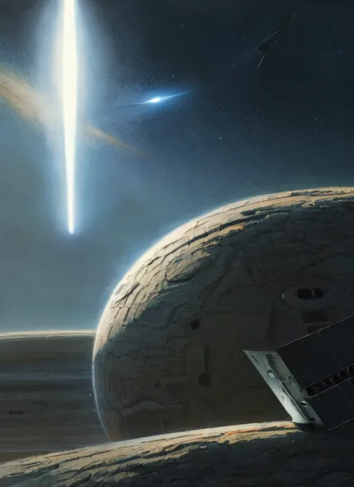 Image similar to hyper realistic sci - fi matte concept art painting of a space satellite shooting a laser down to earth below, beautiful details, strong composition painted by kim jung guweta studio rutkowski, james gurney and greg rutkowski, and lucasfilm, smooth, intricate, detailed, sharp focus, cinematic