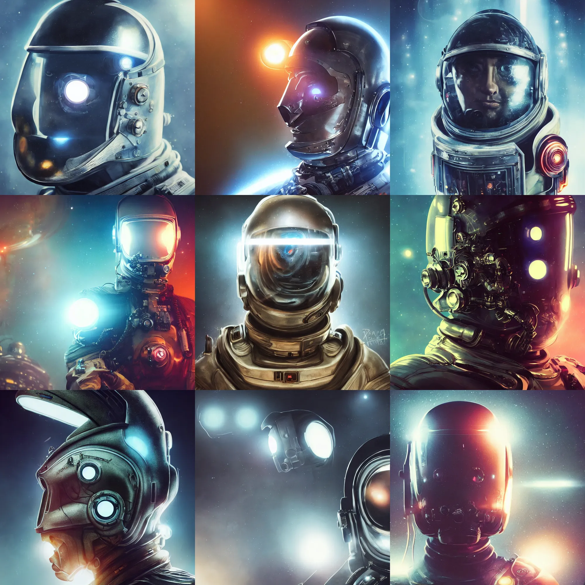 Image similar to portrait art of 8k ultra realistic retro futuristic astronaut helmet, lens flare, atmosphere, glow, detailed,intricate,blade runner, cybernetic, full of colour, cinematic lighting, trending on artstation, 4k, hyperrealistic, focused, extreme details,unreal engine 5, cinematic, masterpiece, art by ayami kojima, giger