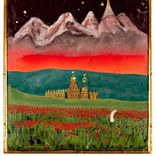 Prompt: decollage painting Moscow Kremlin road red armor bear grub and skeleton frog alien in the dark red cloudy night sky with gold foil Jewish stars and Egyptian symbols, a mountain lake and a flowering field of poppies in the background, painted by Artist Derek, Helen Frankenthaler, Bill Traylor painting, part by Philip Guston, Larry Carroll, Beksinski painting, art by Takato Yamamoto. masterpiece. rendered in blender, ultra realistic, smooth shading, ultra detailed, high resolution, cinematic, radiant colors, fantasy, trending on artstation, volumetric lighting, micro details, 3d sculpture, ray tracing, 8k