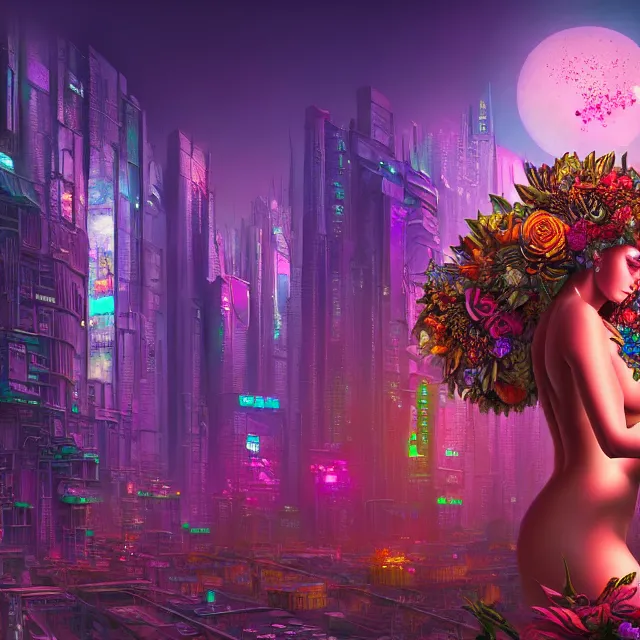 Prompt: Beautiful 3d render of the flower queen goddess in a sensual pose, in the style of Dan Mumford, with a crowded futuristic cyberpunk city in the background, astrophotgraphy