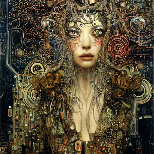 Image similar to many depraved cybernetic demon lovers trapped in circuitry, intricate detail, klimt, royo, whealan,