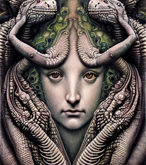 Image similar to detailed realistic beautiful iguana goddess face portrait by jean delville, gustave dore, iris van herpen and marco mazzoni, art forms of nature by ernst haeckel, art nouveau, symbolist, visionary, gothic, neo - gothic, pre - raphaelite, fractal lace, intricate alien botanicals, ai biodiversity, surreality, hyperdetailed ultrasharp octane render