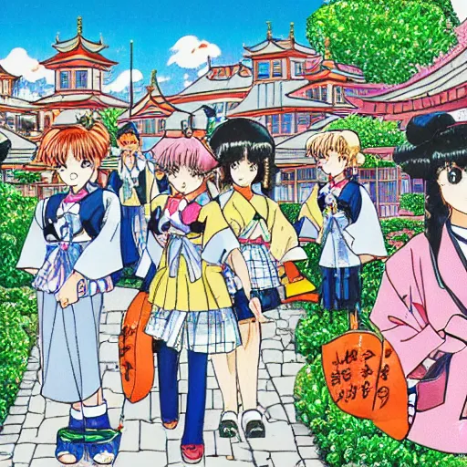 Image similar to a neighborhood in japan in the style of a Naoko Takeuchi manga