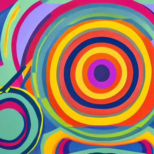 Image similar to rubber duck painting in the style of frank stella, concentric circles, geometric, evenly spaced, minimalist, very colorful