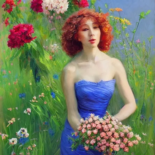 Image similar to a portrait of a romantic woman with flowers grow out of hair, roses peonies forget-me-nots dahlias lupins gladioli, sky theme in background, by Alexandr Averin, Digital Art, Trending on artstation