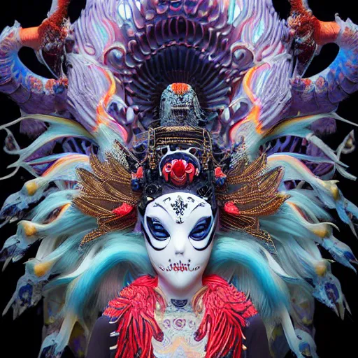 Image similar to 3 d goddess close - up profile portrait russian with ram skull. beautiful intricately detailed japanese crow kitsune mask and clasical japanese kimono. betta fish, jellyfish phoenix, bio luminescent, plasma, ice, water, wind, creature, artwork by tooth wu and wlop and beeple and greg rutkowski