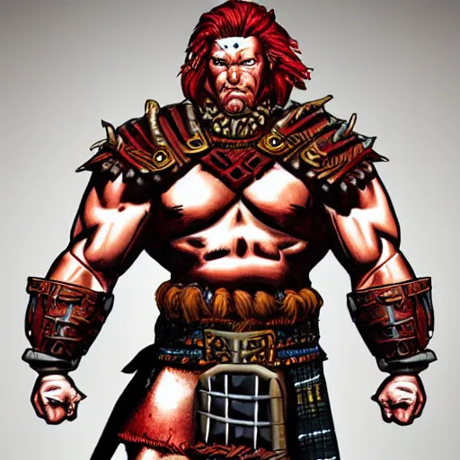 Image similar to bulky muscular scottish warrior with red hair and a kilt, tribal blood red war paintings on his chest, bronze plate armor, in the style of paul pelletier, artgerm