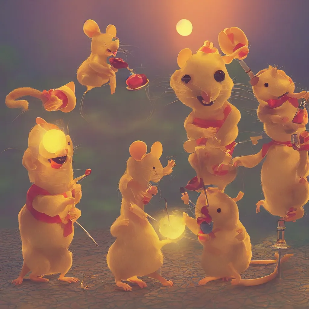 Image similar to happy mice smoking a bong and eating candy, golden hour, ultra realistic