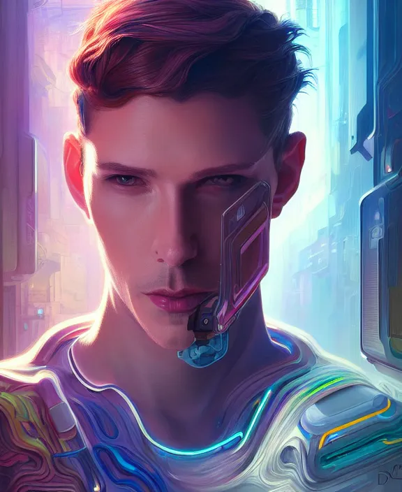 Image similar to a whirlwind inside the metaverse, guy, male, man, hologram, half body, neurochip, android, cyborg, cyberpunk face, by loish, d & d, fantasy, intricate, elegant, highly detailed, colorful, digital painting, artstation, concept art, art by artgerm and greg rutkowski and alphonse mucha