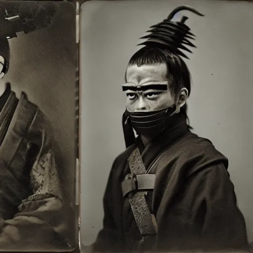 Prompt: tintype photographs of dieselpunk samurai, psycho oni, ninja demons