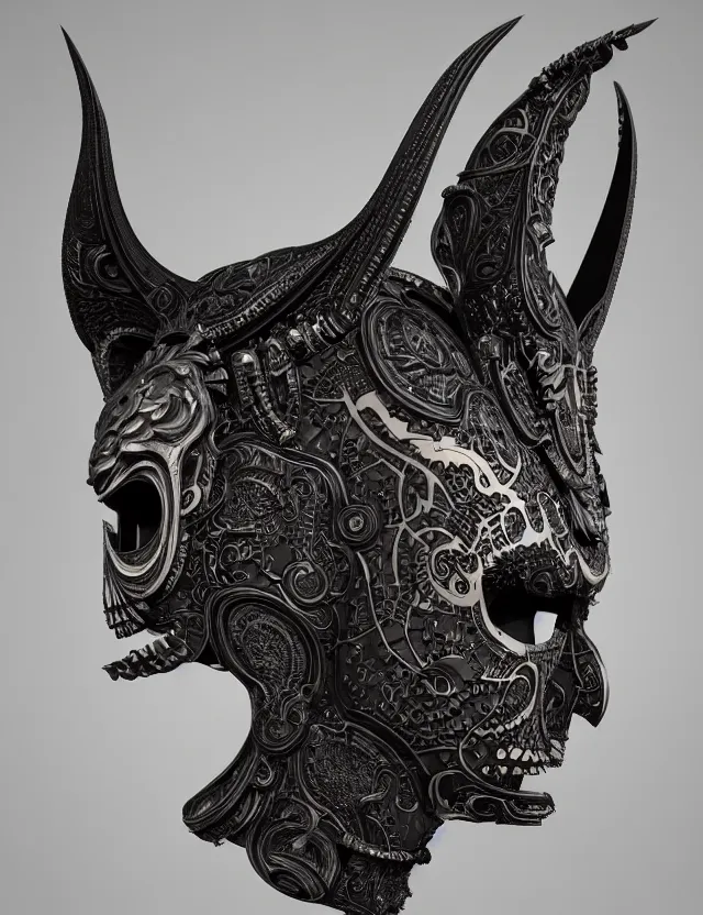 Image similar to 3 d goddess close - up profile portrait russian batman mask with ram skull. beautiful intricately detailed mask. artwork by giger and dali and beeple and greg rutkowski