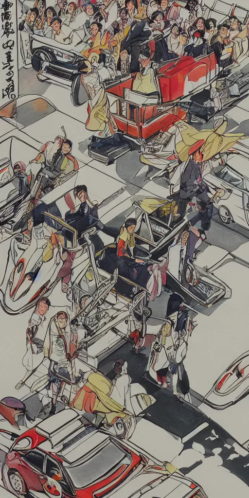 Prompt: a birds eye view of a man in a chariot in tokyo, driving fast, drawn like the anime speed racer, full color