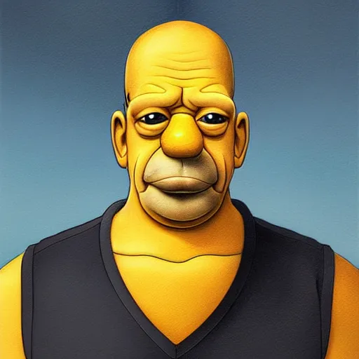 Image similar to beautiful realistic portrait of homer simpson, yellow skin by artgerm