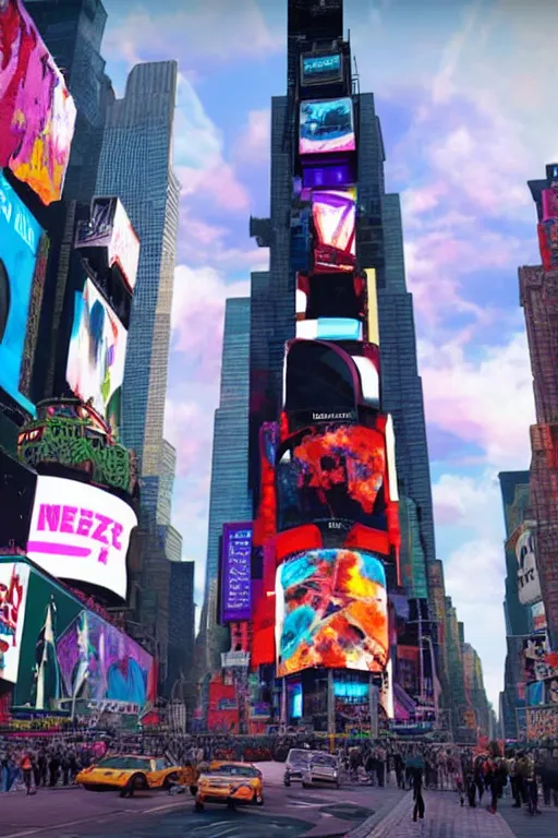 Image similar to times square in the style of horizon zero dawn