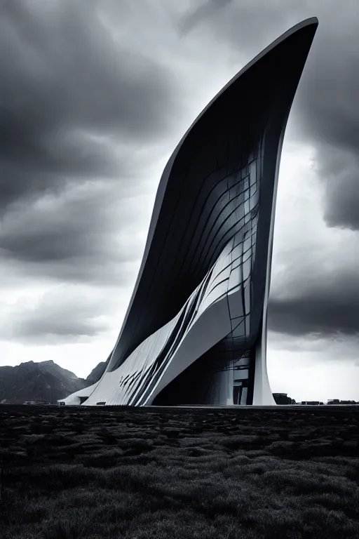 Image similar to a zaha hadid building in a stunning landscape by ansel adams, stormy weather, extreme detail photo quality, dark moody colors, featured on behance