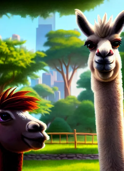 Image similar to a wholesome animation key shot of a llama, close - up, new york zoo in the background, studio ghibli, pixar and disney animation, sharp, rendered in unreal engine 5, anime key art by greg rutkowski, bloom, dramatic lighting