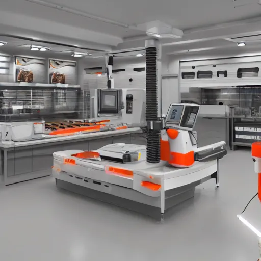 Image similar to butcher shop with three robotic kuka robot cutting machines, octane rendered, highly detailed