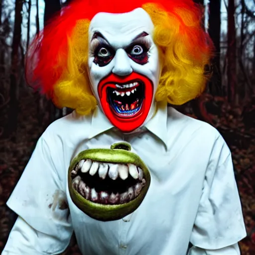 Prompt: ronald mcdonald as a dark scary horror creature with teeth in the woods with only one flashlight