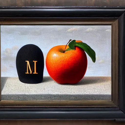 Prompt: a magritte painting masterpiece exposed in Paris : an apple talking to an orange on black hat, This 4K HD image is Trending on Artstation, featured on Behance, well-rendered, extra crisp