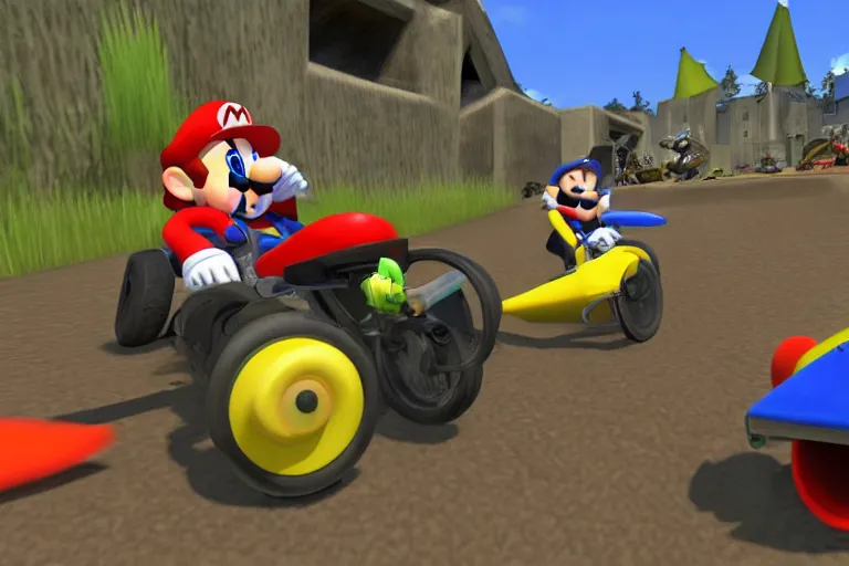 Prompt: mario kart in ww 2 trenches, ingame screenshot, highly detailed