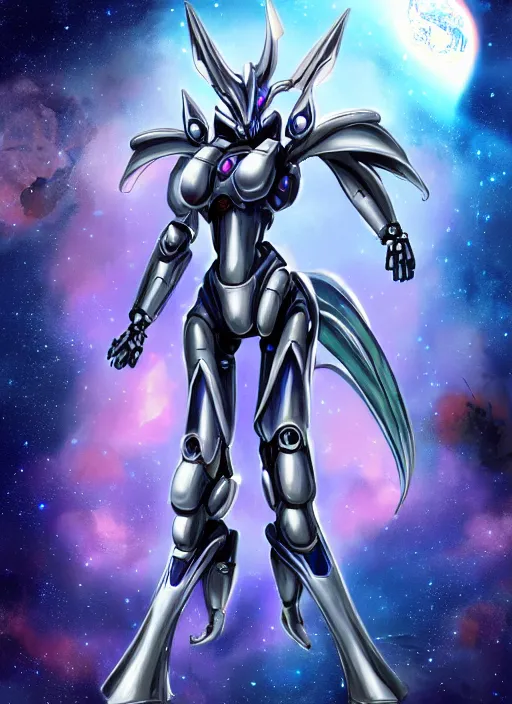 Prompt: cinematic shot, cosmic sized perfectly proportioned stunning beautiful anthropomorphic robot mecha female dragon, space background, larger than planets, posing elegantly, with galaxy in hands, sleek silver armor, epic proportions, epic size, epic scale, ultra detailed digital art, furry art, macro art, dragon art, giantess art, warframe fanart, furaffinity, deviantart