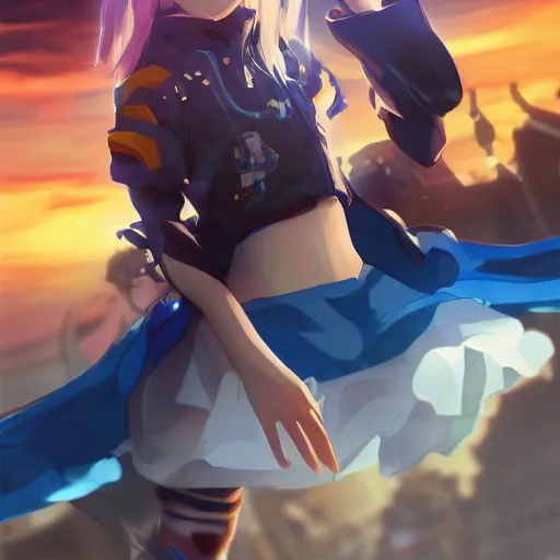 Prompt: Splash art, anime loli, blond hair, pigtails, blue coat, black shorts, blue propulsion powers. Cinematic sunset, cityscape. Amazing piece Trending on Artstation