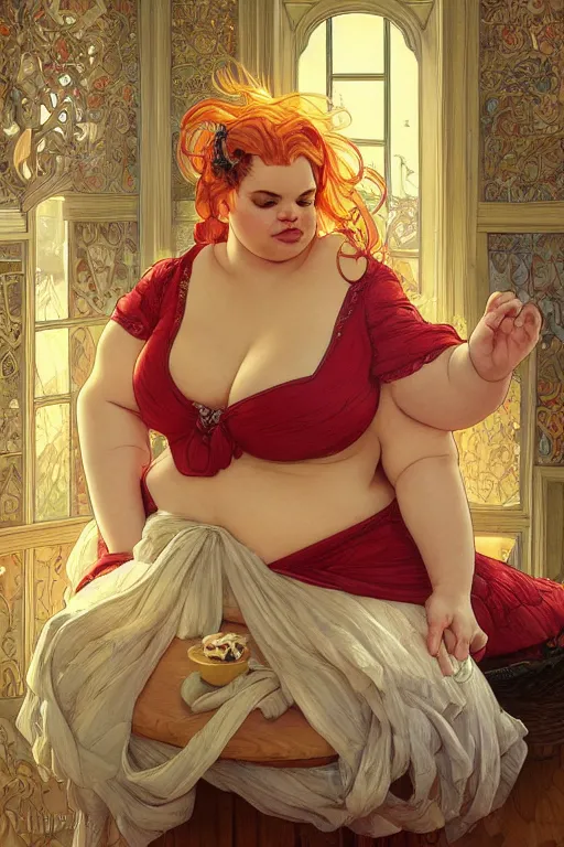 Prompt: obese cottagecore trisha paytas , food addiction and fat rolls, inside a mc donalds, intricate, elegant, highly detailed, digital painting, artstation, concept art, smooth, sharp, focus, illustration, art by artgerm and greg rutkowski and alphonse mucha