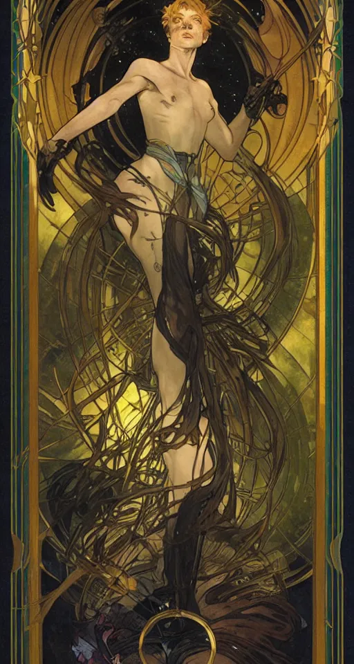 Prompt: the star tarot card with a male, the star tarot card with a male, the star tarot card with a male, elegant, dramatic lighting, graphic art, volumetric lighting, by Krenz Cushart and Artem Demura and Alphonse Mucha