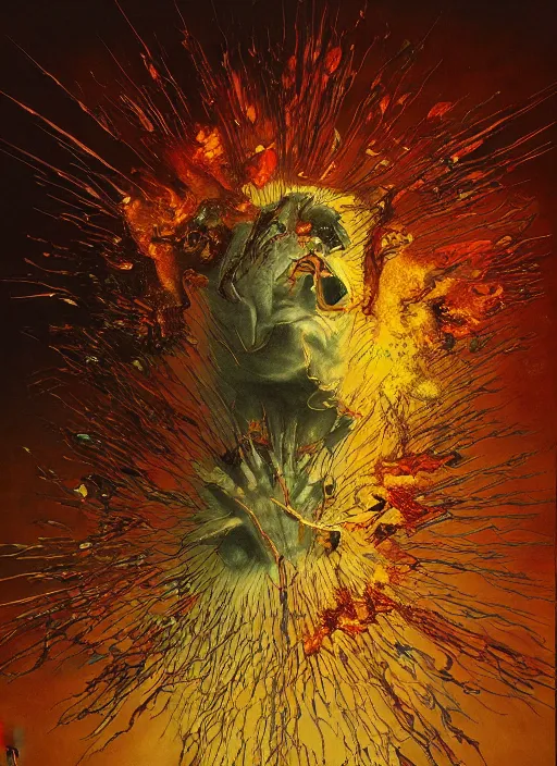 Image similar to exploding, cracking, colliding, smashing planets and moons engulfed in flames in the style of, pascal blanche, surreal, beksinski, damien hirst, high detailed
