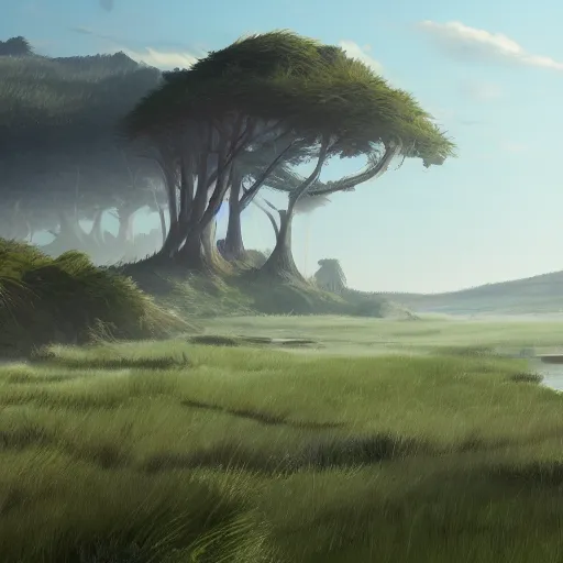 Image similar to concept art painting of a marsh on top of a mountain plateau with forest below, realistic, detailed, cel shaded, in the style of makoto shinkai and greg rutkowski and james gurney