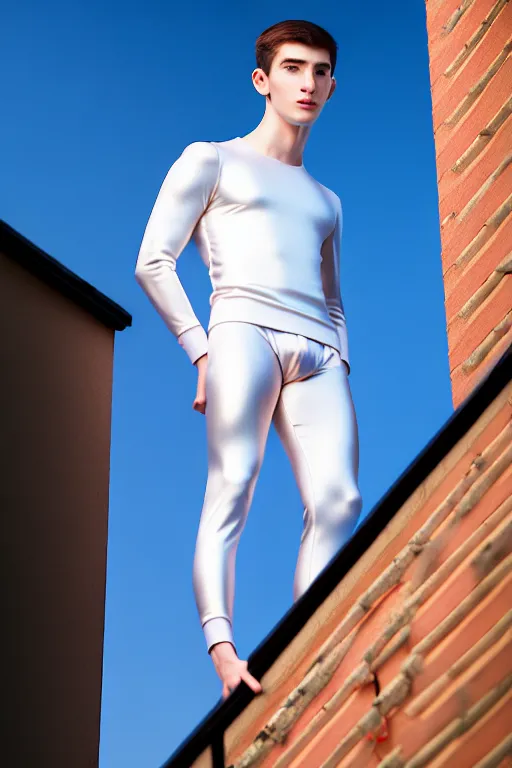 Image similar to un ultra high definition studio quality photographic art portrait of a young man standing on the rooftop of a british apartment building wearing soft padded silver pearlescent clothing. three point light. extremely detailed. golden ratio, ray tracing, volumetric light, shallow depth of field. set dressed.