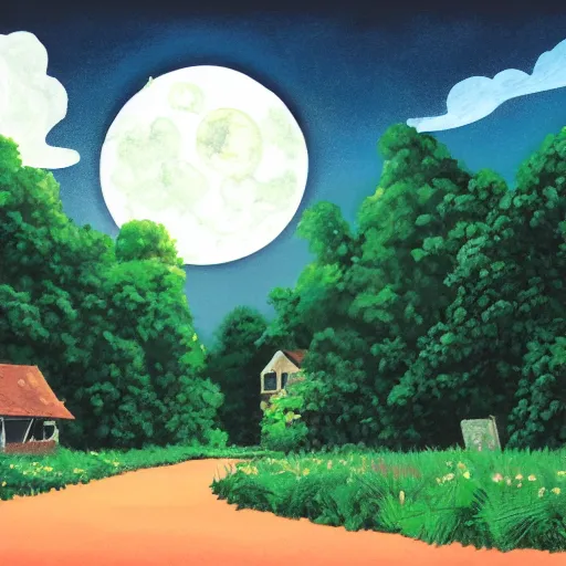 Prompt: empty village runway panorama in the woods with dramatic sky and giant moon, painting by ghibli pixar disney ghibli gouache painting