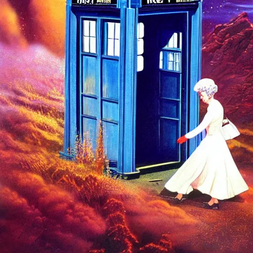 Image similar to Concept art of Queen Elizabeth II stepping out of the tardis, mysterious, ultrarealistic, cinematic lighting, 4k, wide angle, Bruce Pennington