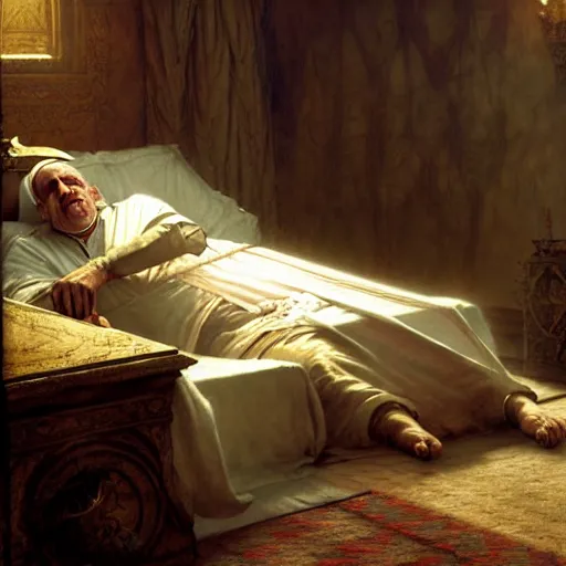 Prompt: the pope laying down in his bed, terrified, because a double horned shadow demon is in the the bedroom. highly detailed painting by gaston bussiere, greg rutkowski, craig mullins 8 k