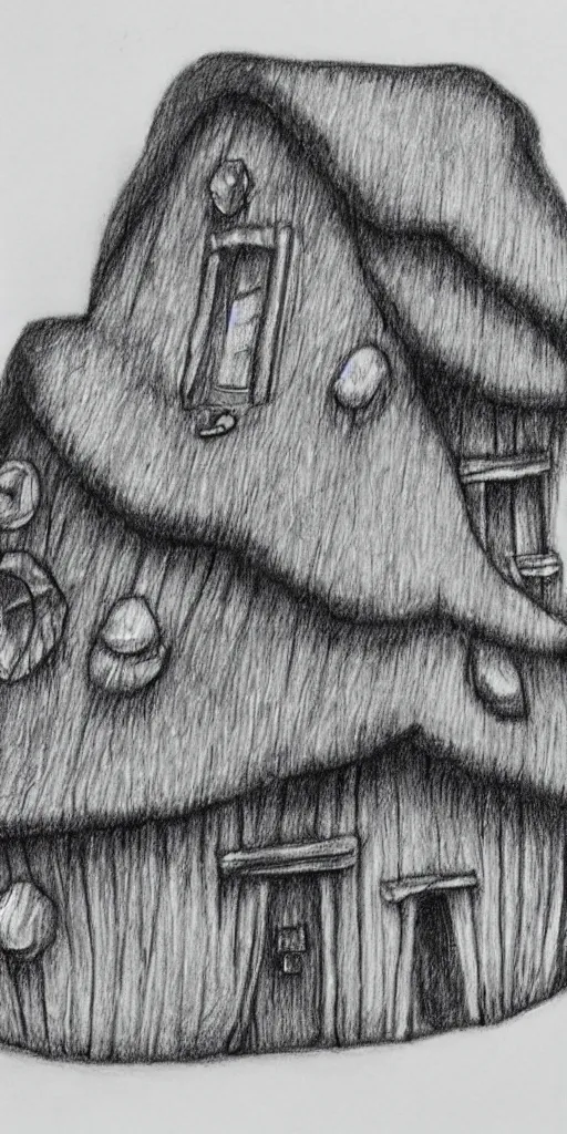 Image similar to pencil drawing of a mushroom house, highly detailed