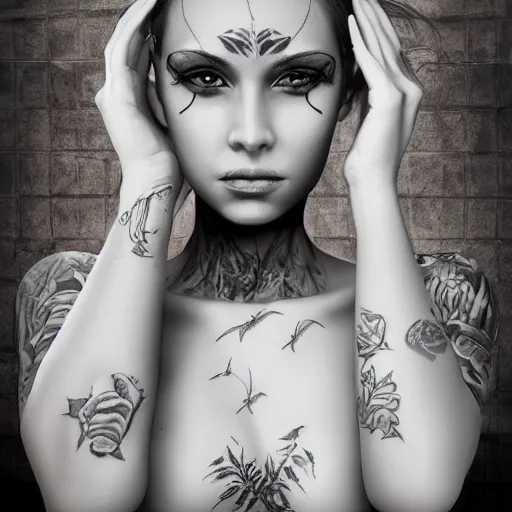 Prompt: heroine, beautiful, woman with tattoos revealing body, hyperrealistic, highly detailed, a real photographic, digital art, digital art, 8 k, character, realistic, portrait