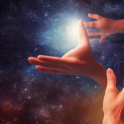 Image similar to a giant god like being holding the universe in the palm of his hand with galaxies in the backround, 8 k, unreal engine 6, hyper realism,