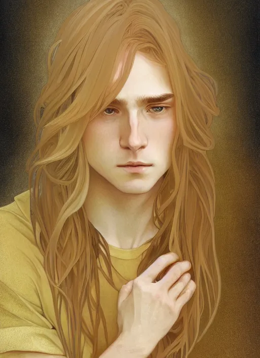 Image similar to pretty young man with shoulder length shiny shimmering golden blond hair, head down, shy, sad, scared, path traced, highly detailed, high quality, digital painting, by studio ghibli and alphonse mucha, leesha hannigan, disney