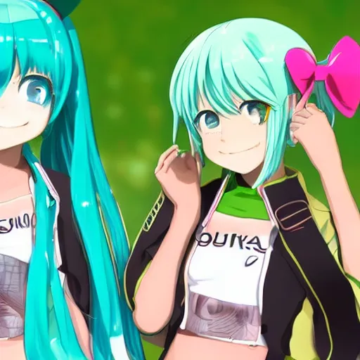 Image similar to hatsune miku and gumi hanging out having fun, best friends, detailed, anime