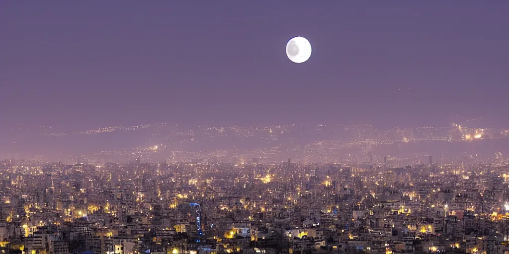 Prompt: tehran skyline in a winter night, full moon and a dragon in the sky