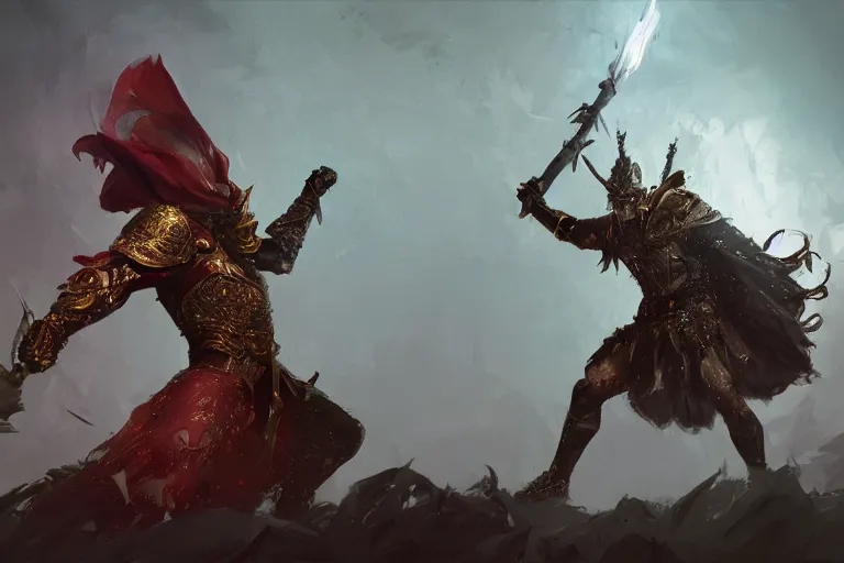 Prompt: ay cat wearing a crown and cape wielding a scepter fighting a muscular tunisian man wearing shrubbery, fantasy, digital painting, volumetric light, intricate, sharp, focus, bloom, illustration, highly detailed, concept art, matte, ruan jia, randy vargas, greg rutkowski