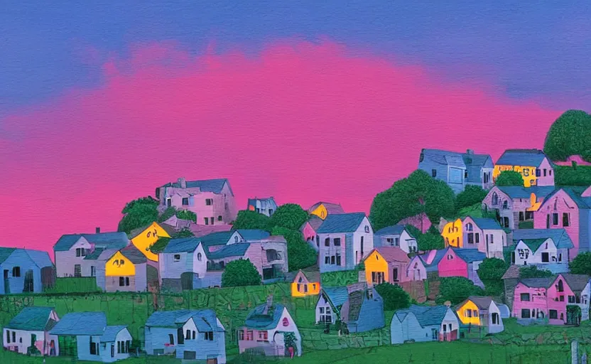 Prompt: village, houses with faces, sunset atmosphere, pink, low contrast, naive, detailed