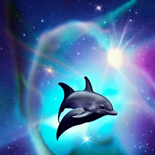 Image similar to Picture of Dolphin flying through space in holographic Detail