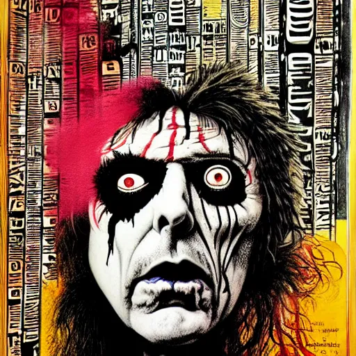 Image similar to graphic illustration, creative design, alice cooper, biopunk, francis bacon, highly detailed, hunter s thompson, mixed media