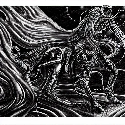 Prompt: detailed black and white science fiction painting of my little pony in the style of h r giger and wayne barlowe